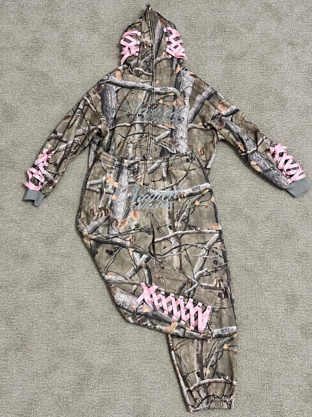 Named Collective Forbidden Camo and Pink Ribbon Bow Corset Matching Sweat Set